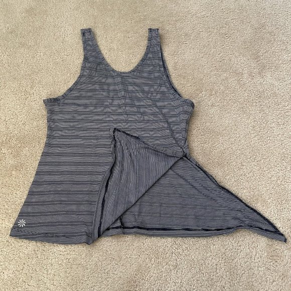 Athleta Tank Top Womens Small Blue White Side Tie Low Back Loose Fit Stripes Dot - Picture 6 of 11